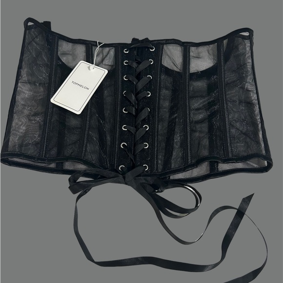 Lace Boned Overbust Corset Black Bustier Waist Cincher Bodyshaper - Picture 2 of 3